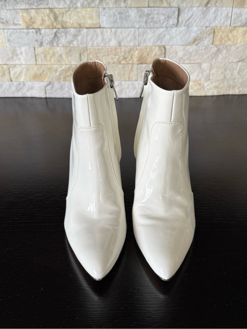 Sam Edelman White Patent Pointed Ankle Booties with Side Zipper